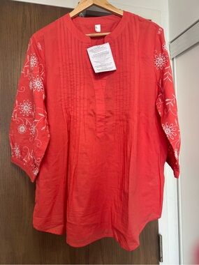 Coral orange Embroidered Sleeve Tunic Top Blouse size XL 48 European cotton top